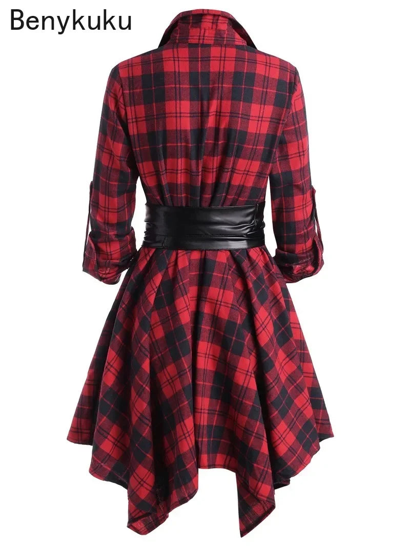 Women Red Plaid Belted Roll Tab Sleeve Handkerchief Dress Grunge Gothic Casual Dresses Vestidos Button Up Long Sleeve Streetwear