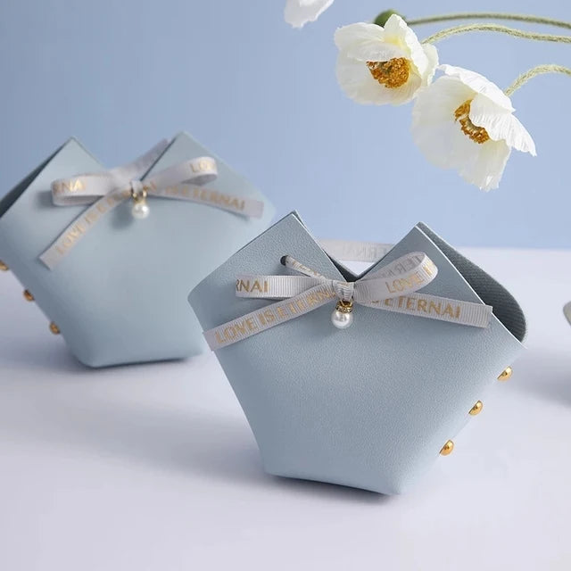 10PCS Distribute Leather Pink Gift Bags Wedding Favour Bag for Guest Mini Handbag with Ribbon Candy Packaging Box Party Decor
