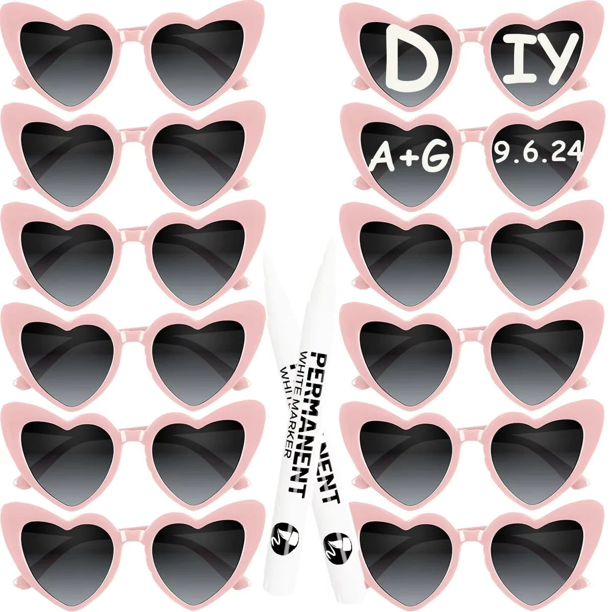 12-120Pcs Wedding Heart Sunglasses with Pen Personalised Heart Glasses Bachelorette Party Sunglasses for Wedding Party Favors