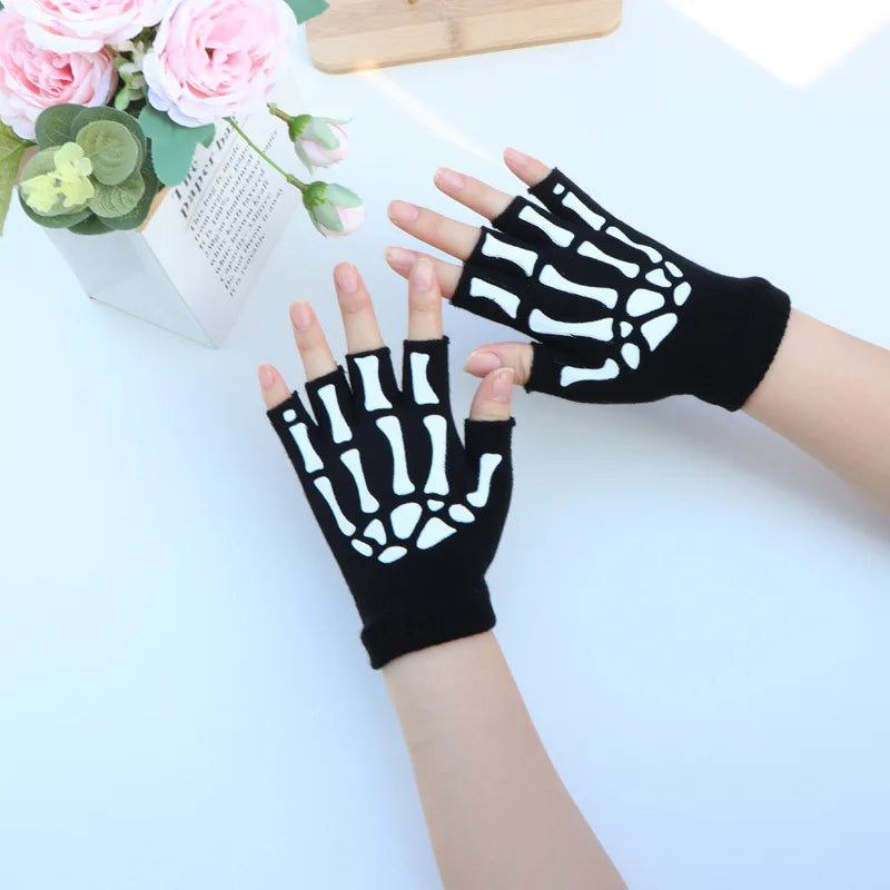 Halloween Skeleton Skull Half Finger Luminous  Fingerless Stretch Knitted Gloves Skull Fingerless Black Mitten