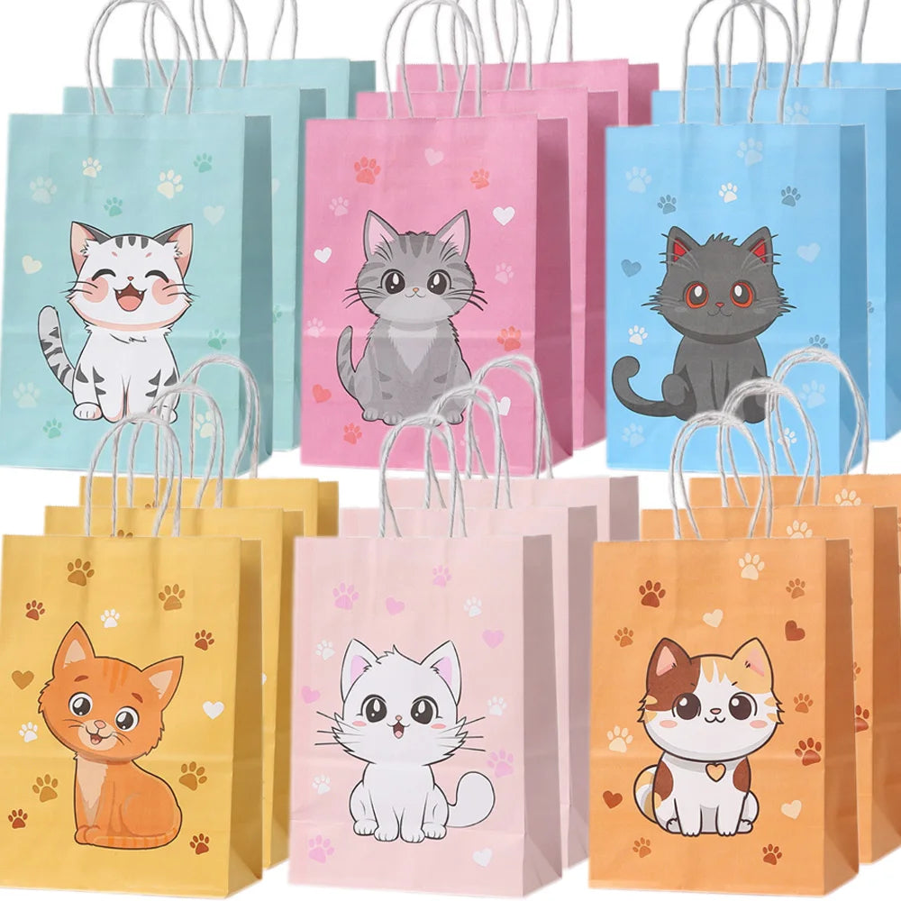 5/30/50pcs Cat Party Gift Bag Cute Kitten Candy Gift with Handle Paper Bag Baby Shower Kids Birthday Kitten Party Decor Supplies