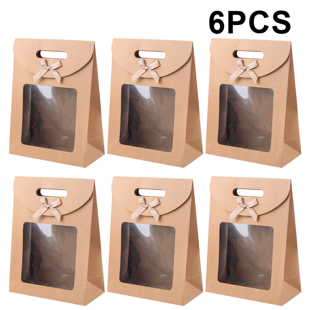 6/12PCS Kraft Paper Bags with Window, Box Reusable Gift Bag for Women, Candy Cookies Packaging Wedding Christmas Party