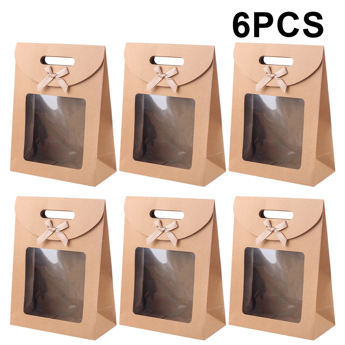 6/12PCS Kraft Paper Bags with Window, Box Reusable Gift Bag for Women, Candy Cookies Packaging Wedding Christmas Party