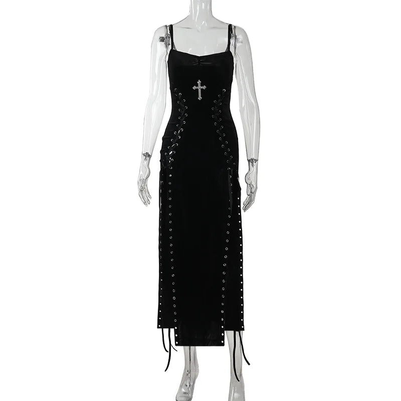 Women’s Gothic Velvet Strappy High-Split Dress