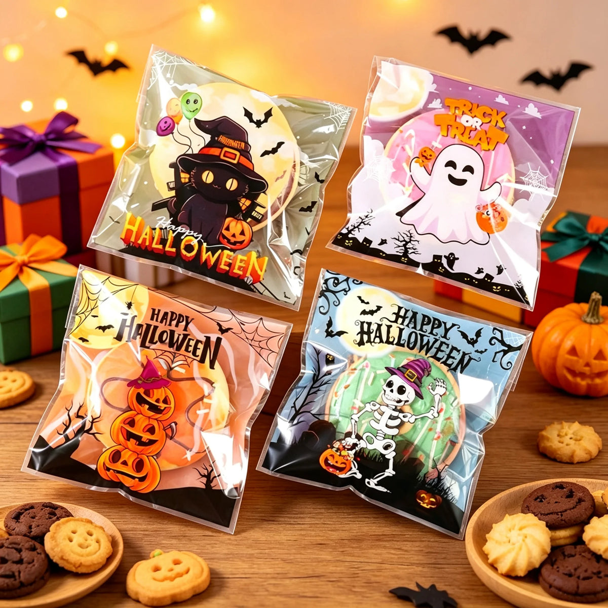 50/100/500Pcs Spooky Halloween Candy Bags Pumpkin Ghost Gift Cookie Self-Sealing Bags Halloween Party Decor Trick or Treat