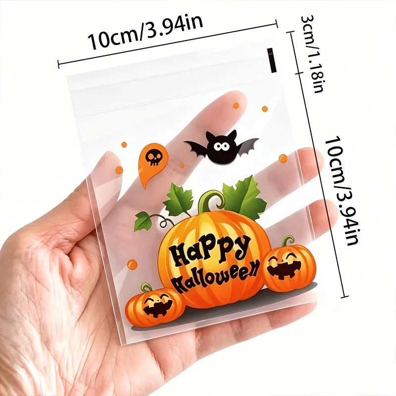 100Pcs Small Halloween Treat Bags,Clear Self Adhesive Candy Bags, Plastic Cookie Bags for Trick or Treat, Halloween Goodie Bags