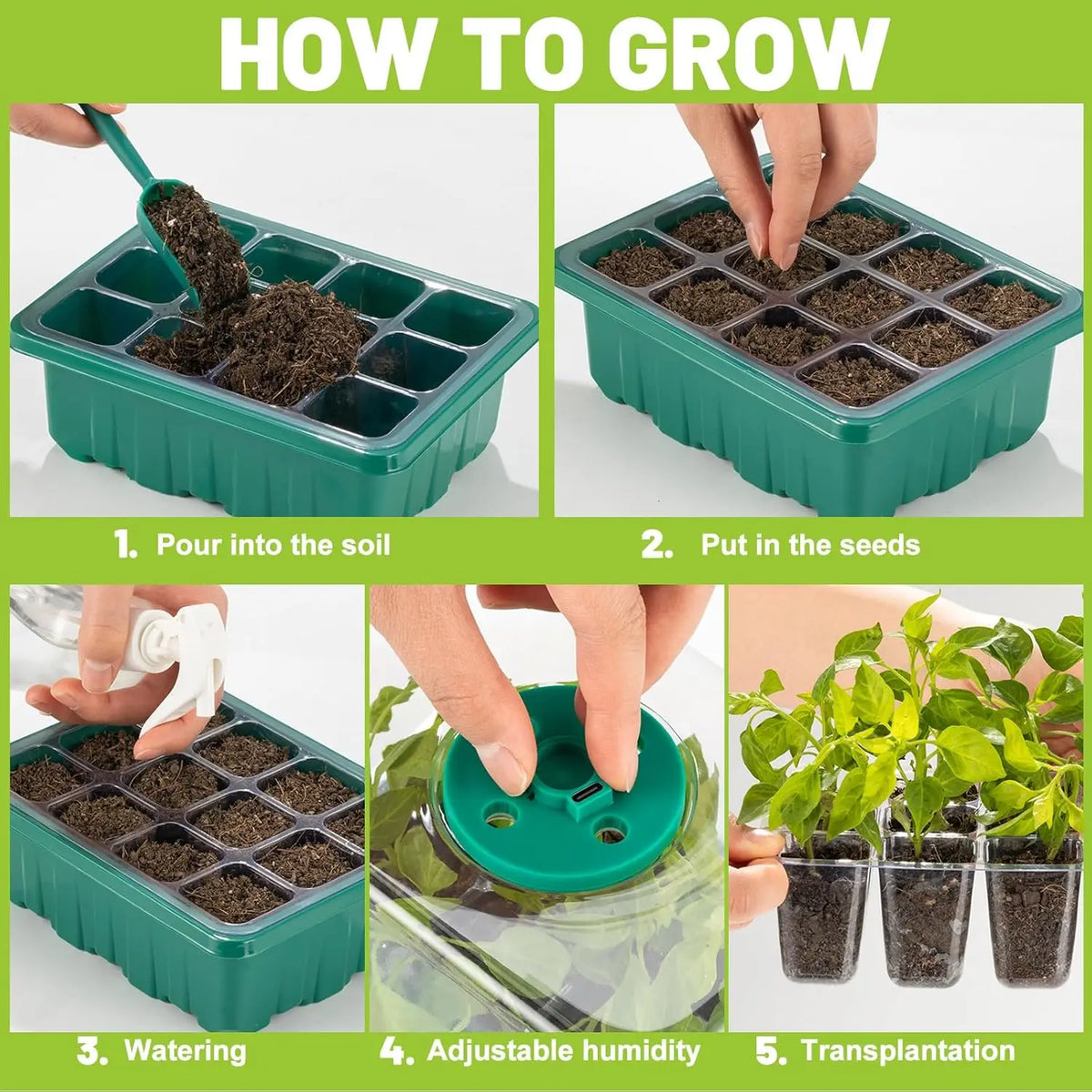 Seed Starter Tray with Grow Light, 2 Pack Seed Germination Kit, Adjustable Humidity Dome, Indoor Home Seedling Starter Tray