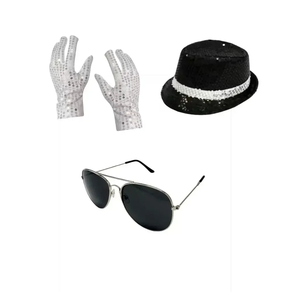 Sequin Fedora Hat Gloves and Aviator Sunglasses Costume Set