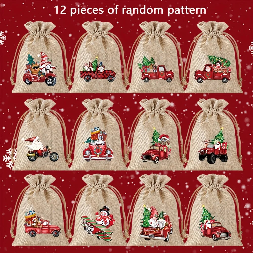 12pcs Set 13*18cm New Christmas Linen Drawstring Gift Bags, Jewelry Gift Bags, Party Drawstring Gift Pouches in Random Patterns