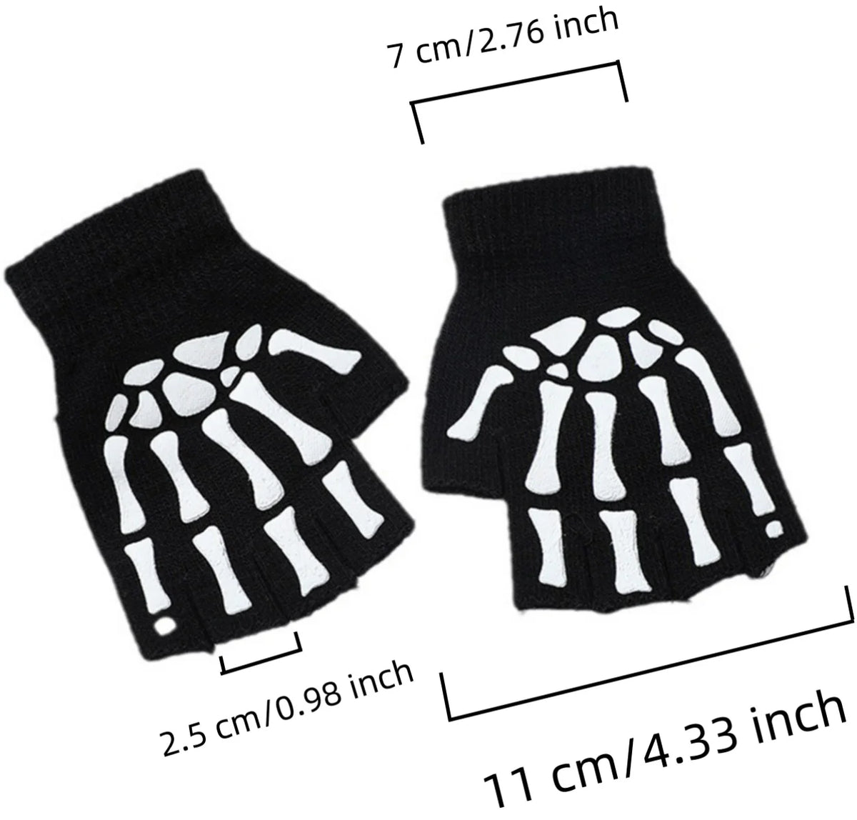 Halloween Skeleton Skull Half Finger Luminous  Fingerless Stretch Knitted Gloves Skull Fingerless Black Mitten