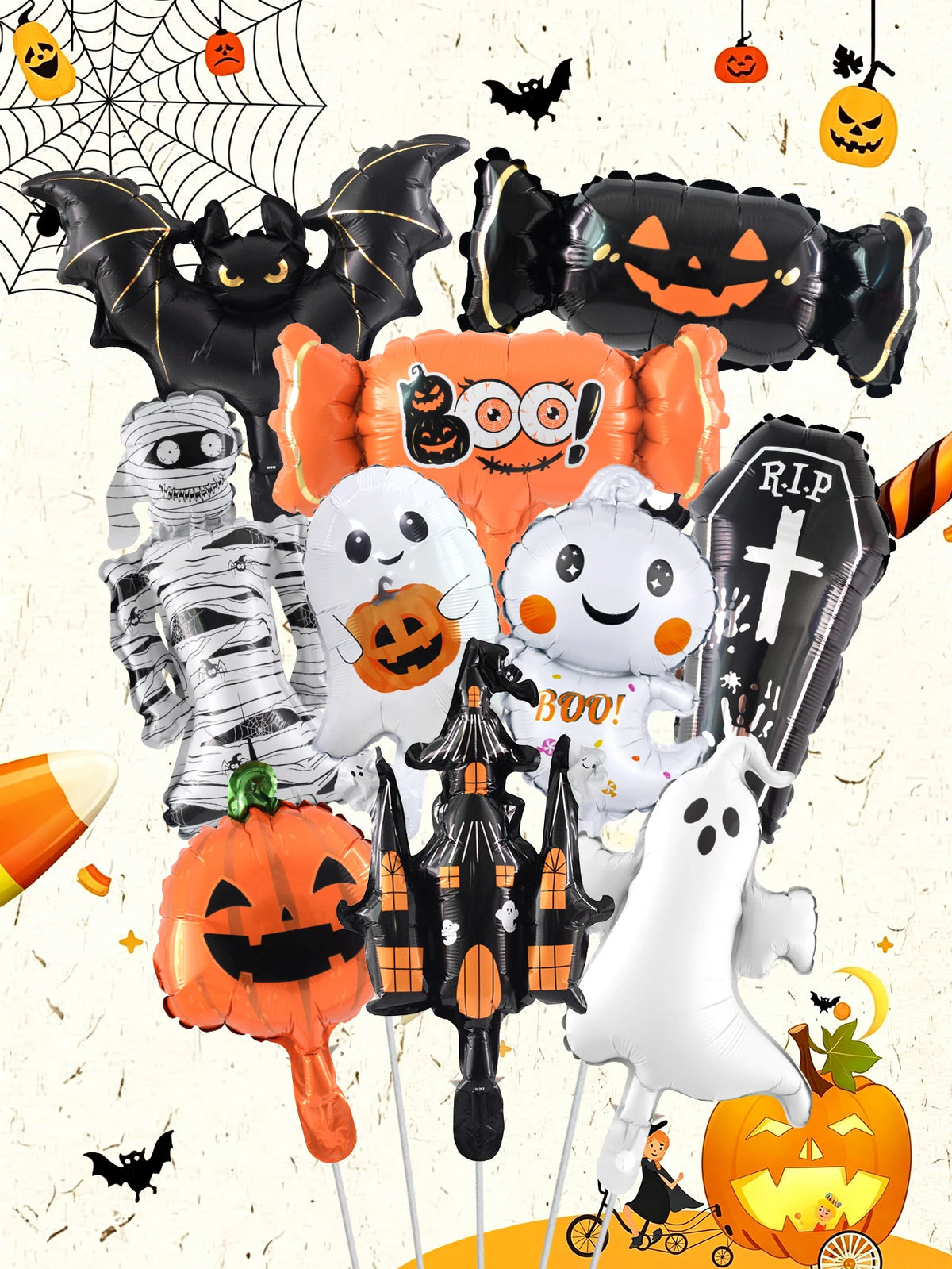 10pcs Mini Halloween foil balloon set—suitable for Halloween, haunted houses, pumpkin-themed parties, and trick-or-treat events.