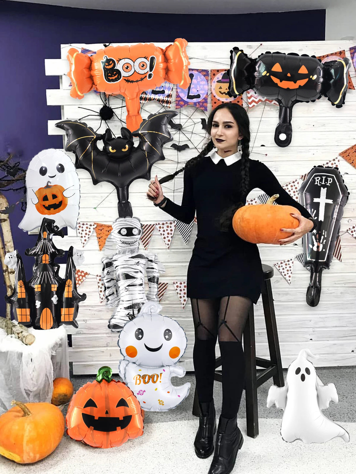 10pcs Mini Halloween foil balloon set—suitable for Halloween, haunted houses, pumpkin-themed parties, and trick-or-treat events.