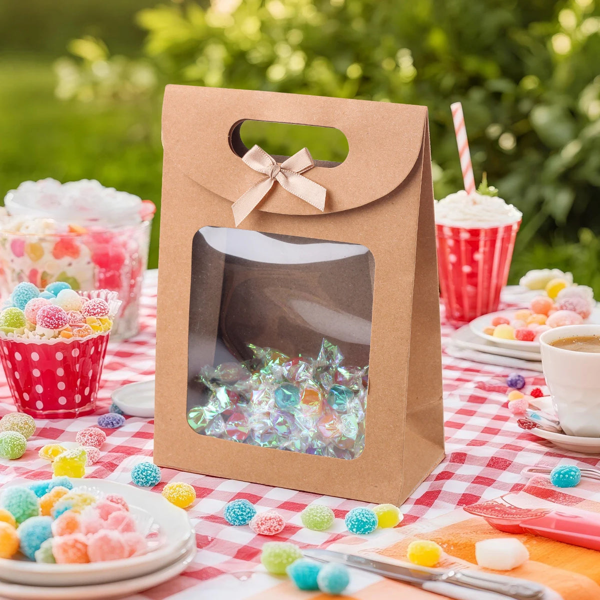 6/12PCS Kraft Paper Bags with Window, Box Reusable Gift Bag for Women, Candy Cookies Packaging Wedding Christmas Party