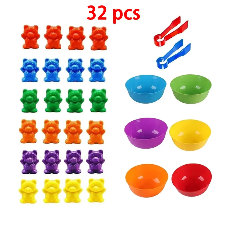 Colorful Counting Bears with Sorting Cups & Tweezers, Toddler Counting & Color Sorting Educational Toy Gift for Kids Boys Girls