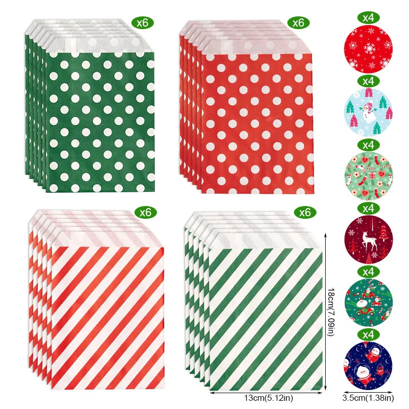 24pcs Kraft Paper Bags With Stickers Merry Christmas Cookie Gift Packaging Bags Wedding Birthday Party Favors Packing Supplies