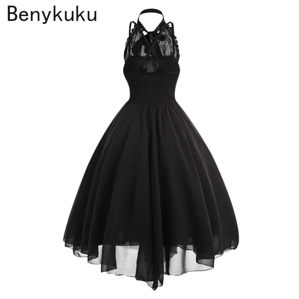 Victorian Gothic Punk Vintage Halter Dresses 2026 Women Black Sleeveless Cross Back Retro Lace Panel Corset Swing Party Dress