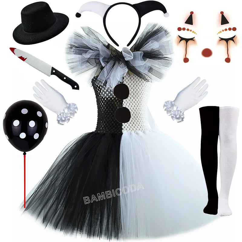 Girls Black White Horror Clown Tutu Dress Costume