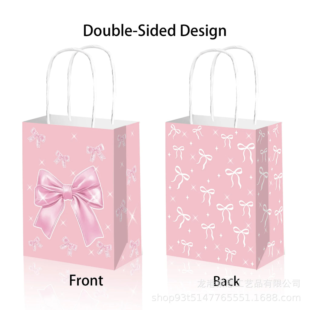 6/12/24/48pcs Pink and White Bow Paper Gift Bags Birthday Favor Bags with Handles Candy Bags Baby Shower Wedding Party Supplies