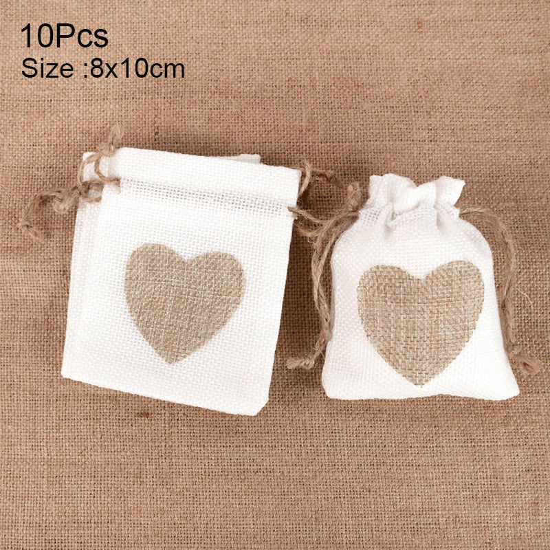 10Pcs Natural Linen Burlap Bag Heart Jute Drawstring Candy Gifts Packaging Bags For Wedding Birthday Party Decor Jewelry Pouches
