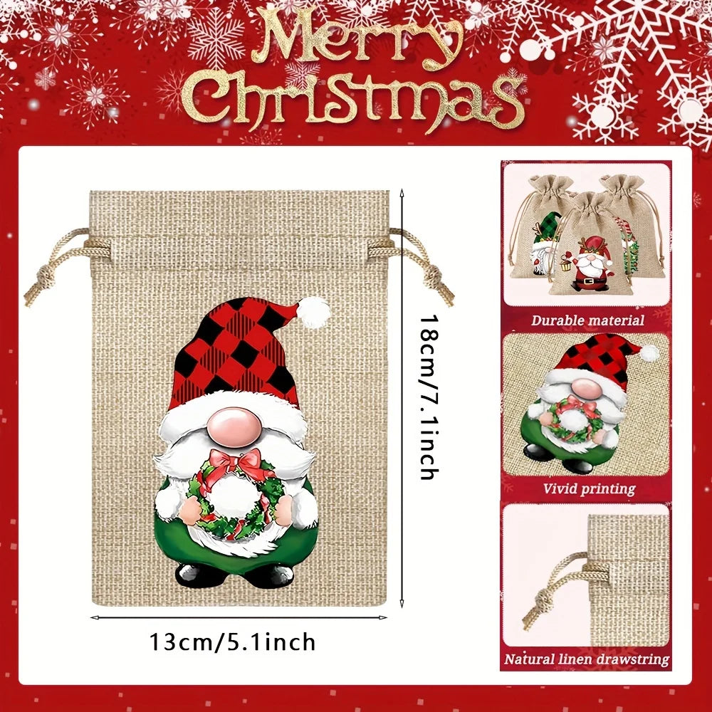 12pcs Set 13*18cm New Christmas Linen Drawstring Gift Bags, Jewelry Gift Bags, Party Drawstring Gift Pouches in Random Patterns