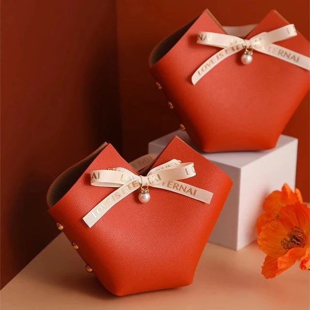 10PCS Distribute Leather Pink Gift Bags Wedding Favour Bag for Guest Mini Handbag with Ribbon Candy Packaging Box Party Decor