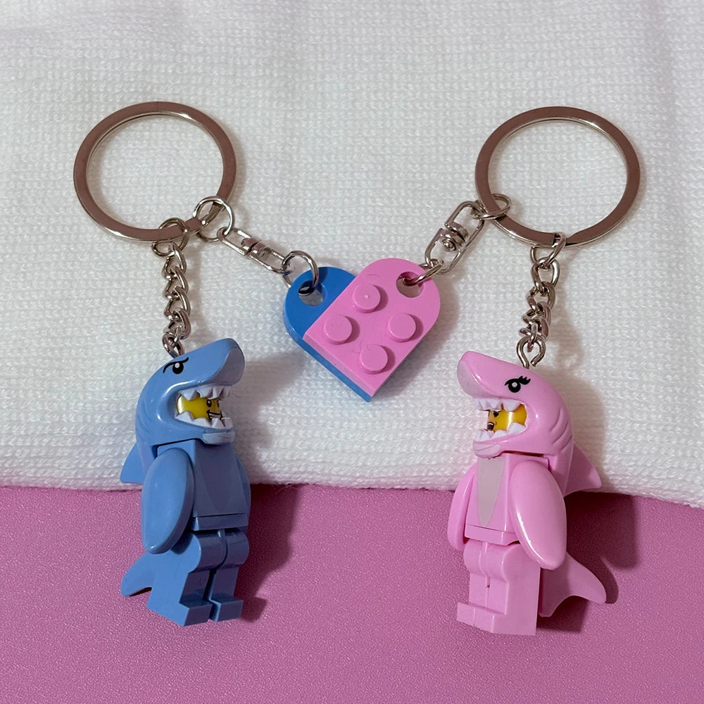 2-Piece Shark Heart Keychain Set Pink & Blue Building Block Design