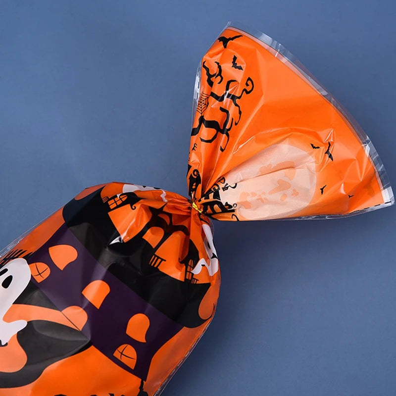 50/100PCS Treat Bags Pumpkin Ghost Bat Plastic Candy Bags with Twist Ties Halloween Party DIY Decoration Gift Packaging Bags ZYF