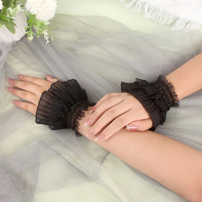 Gothic Lace Wrist Cuffs with Bow Detail for Costumes