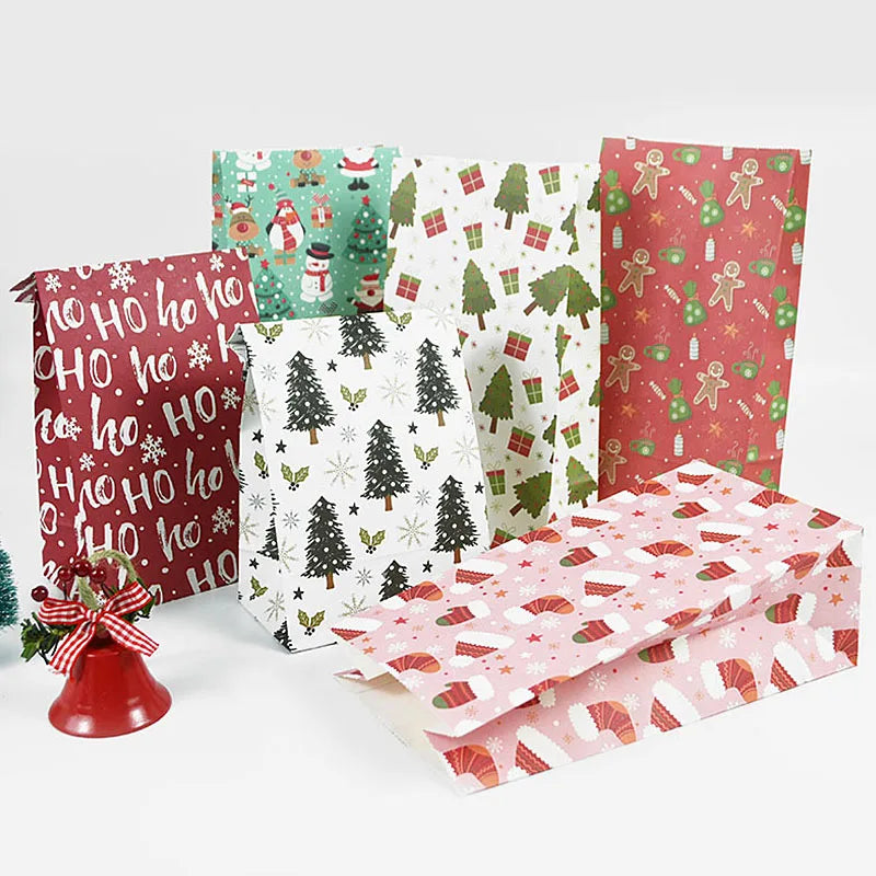 10pcs Kraft Paper Candy Cookie Bag Santa Claus Snowman Christmas Gift Packing Bags Xmas Navidad New Year Party Decor Supplies