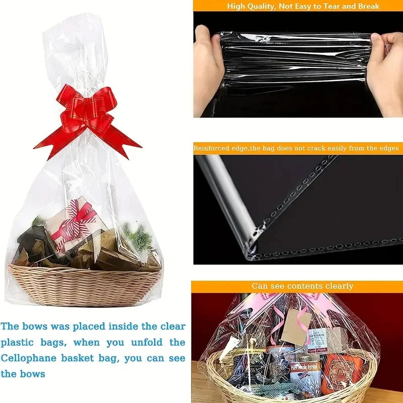 20/50 piece large clear cellophane bag with bow for basket and gift wrap christmas decoration