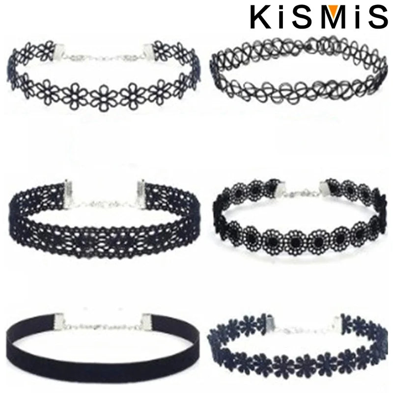 6-Piece Black Lace Choker Necklace Set Gothic Punk Style