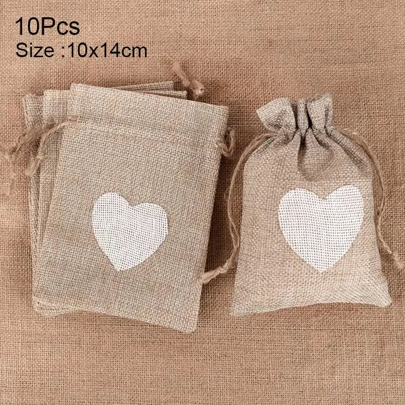 10Pcs Natural Linen Burlap Bag Heart Jute Drawstring Candy Gifts Packaging Bags For Wedding Birthday Party Decor Jewelry Pouches