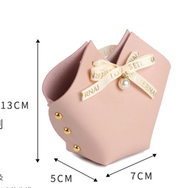 10PCS Distribute Leather Pink Gift Bags Wedding Favour Bag for Guest Mini Handbag with Ribbon Candy Packaging Box Party Decor