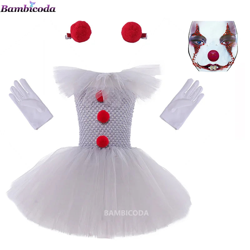Girls Gray Clown Tutu Dress Halloween Costume
