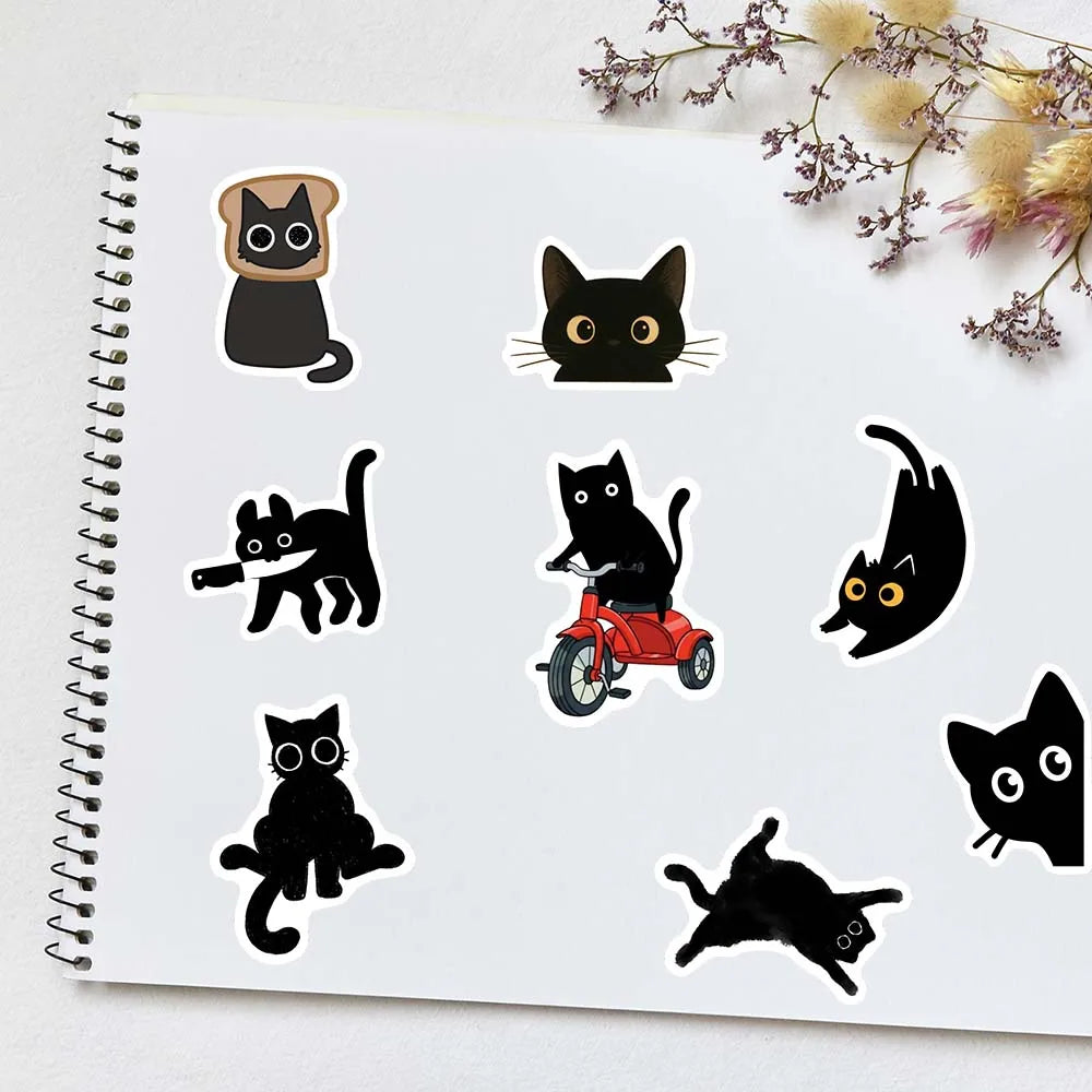 Funny Black Cat Cartoon Stickers DIY Waterproof Decals for Scrapbook Diary Junk Journals Laptop Phone Luggage Bottles Decoration