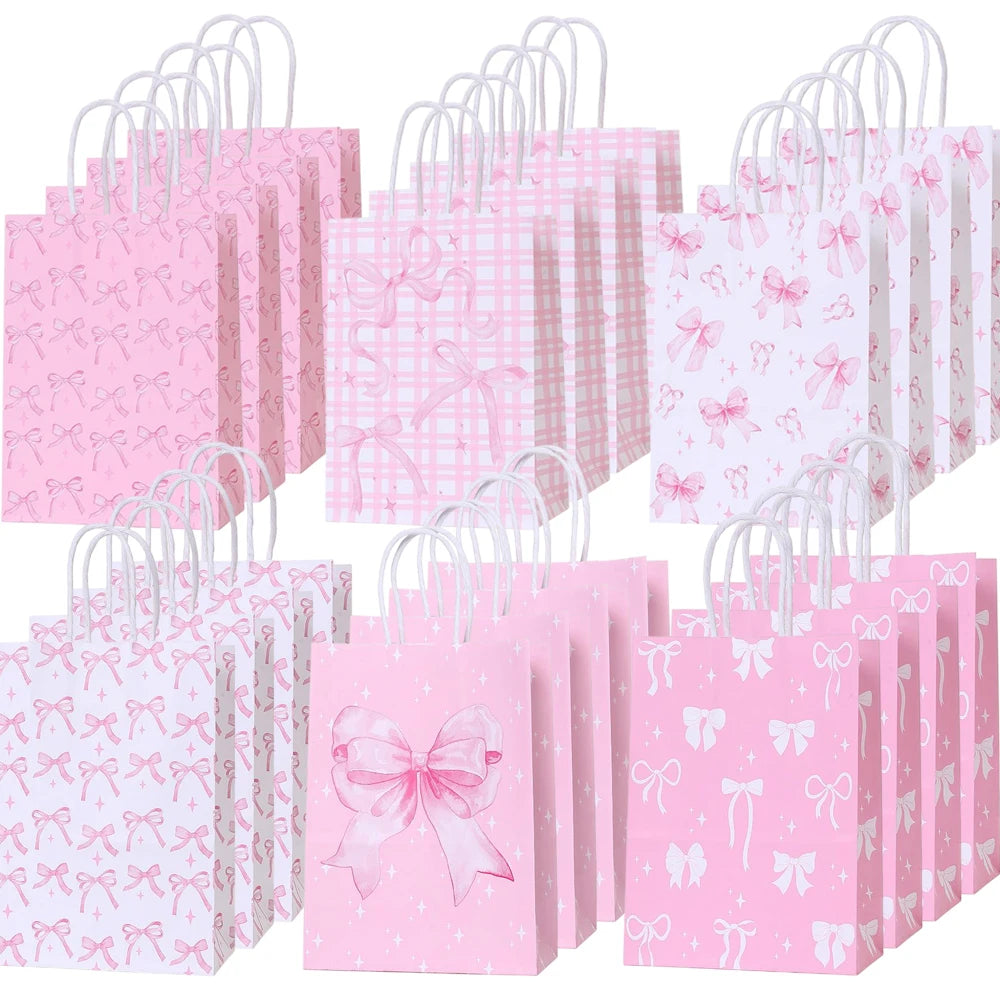 6/12/24/48pcs Pink and White Bow Paper Gift Bags Birthday Favor Bags with Handles Candy Bags Baby Shower Wedding Party Supplies