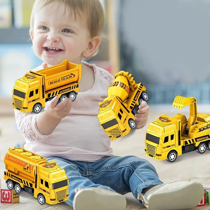 4 Pack Pull Back Cars, Friction Powered Toy Vehicles Construction Set - Dump Truck Crane for Toddlers Boys Girls Gift