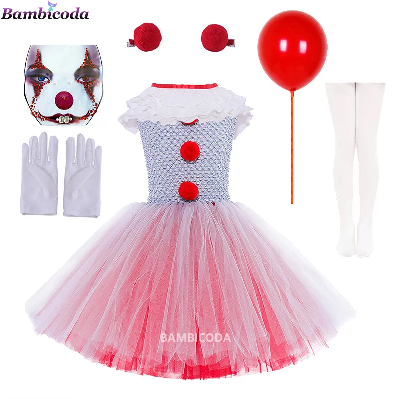 Girls Gray Clown Tutu Dress Halloween Costume
