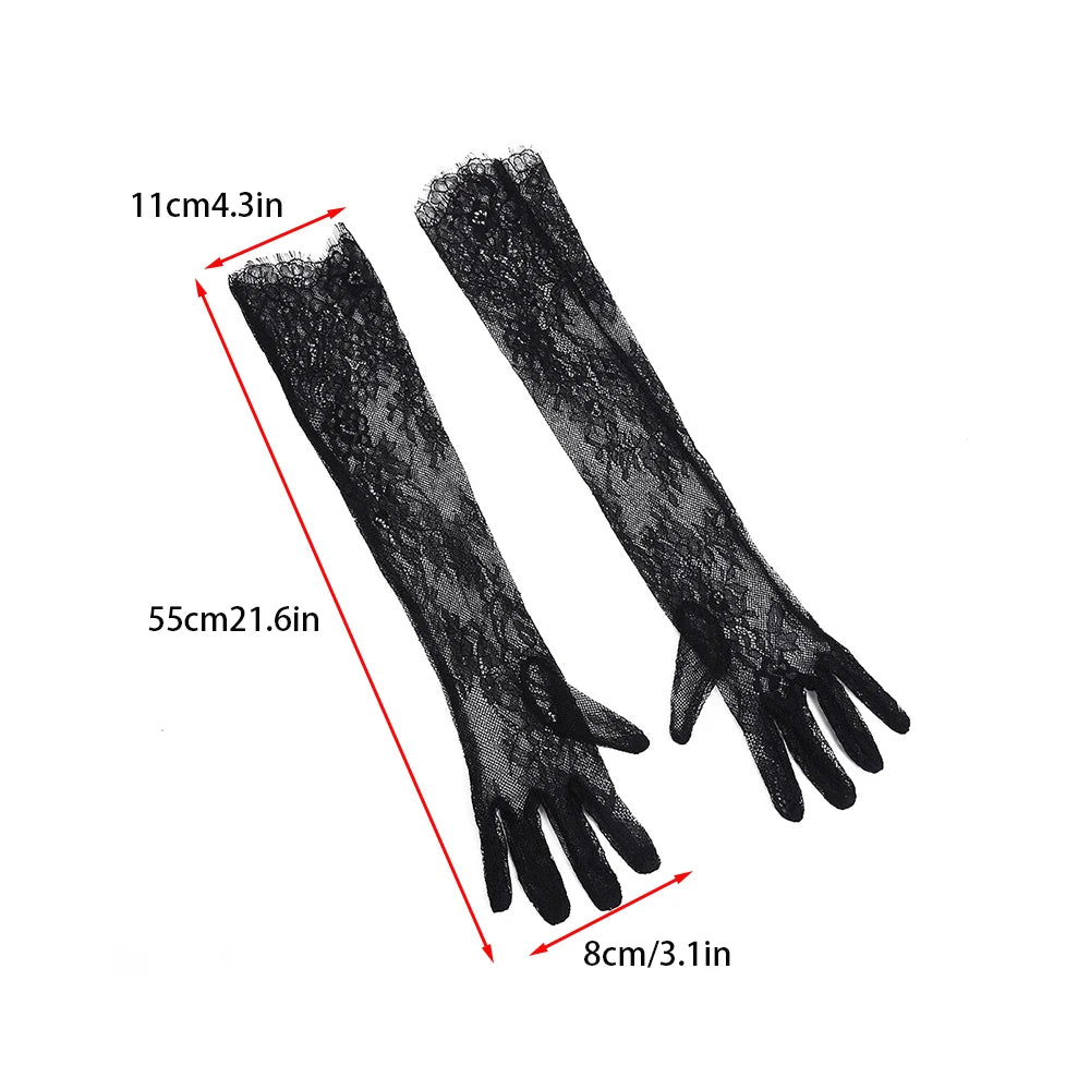 Sexy Thin Hollow Out Long Irregular Mesh Gloves Halloween Wedding Etiquette Party Accessories Women Lace Long Sleeves Gloves