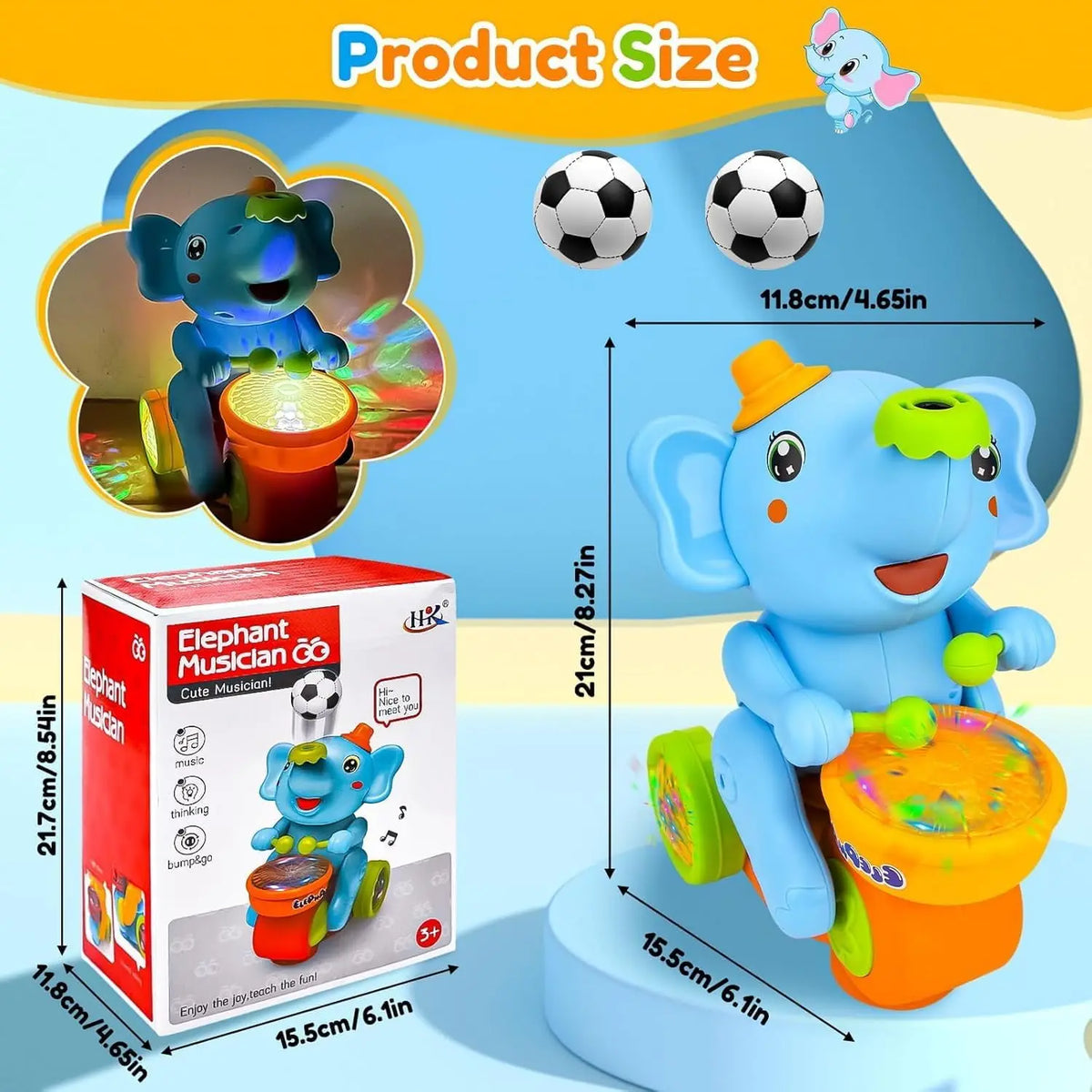 Baby Crawling Toy: Electronic Walking Elephant Drummer with Floating Ball, LED Lights, Music & Sounds | Interactive Sensory Toy