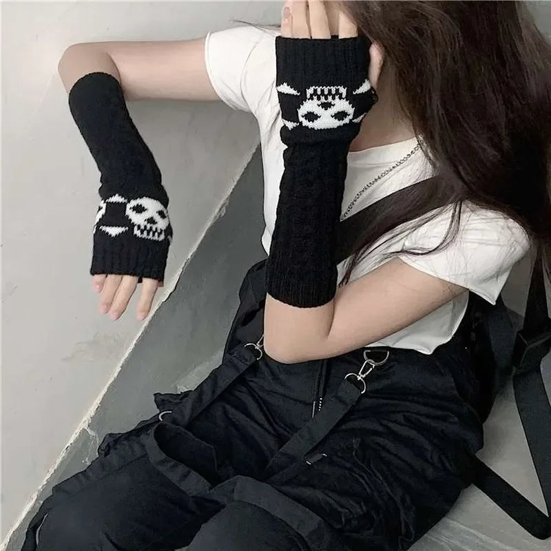 Punk EMO Style Streetwear Women Wrist Arm Warmers Knitted Long Fingerless Gloves Black Mittens Gothic Cos Halloween Skull Gloves