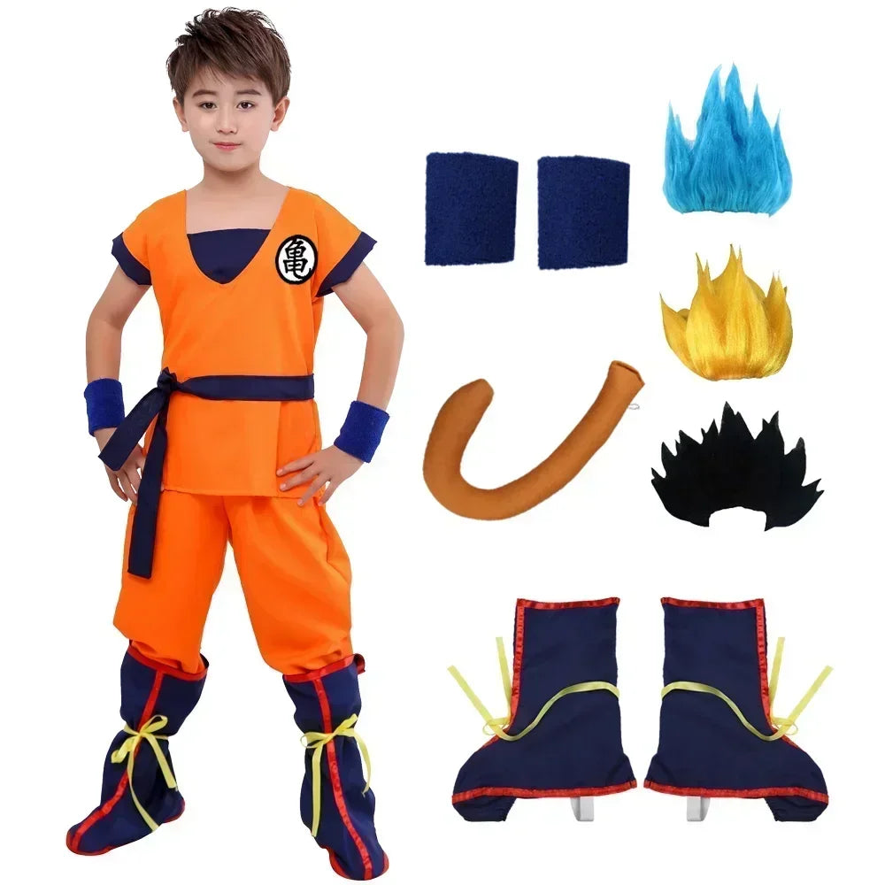 Blue Gold Anime-Inspired Martial Arts Costume with Wig & Tail