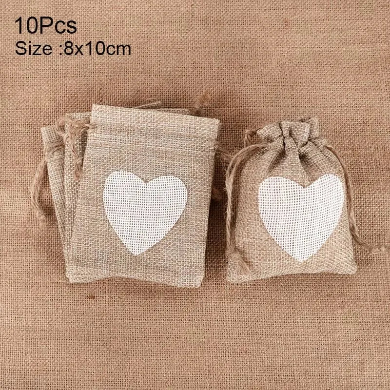 10Pcs Natural Linen Burlap Bag Heart Jute Drawstring Candy Gifts Packaging Bags For Wedding Birthday Party Decor Jewelry Pouches