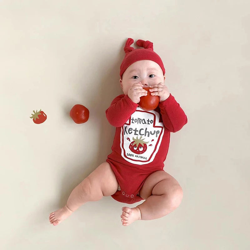 Infant Newborn Romper  Sauce Onesie with Hat Baby Bodysuit Cosplay Baby Twins Red Tomato Ketchup and Yellow Mustard Costume 0-2T