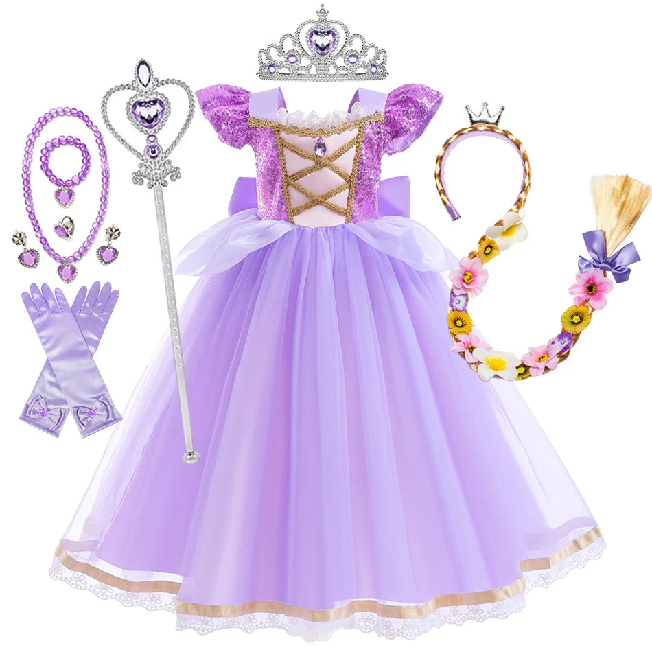 Girls Long-Hair Princess Dress Halloween Birthday Costume