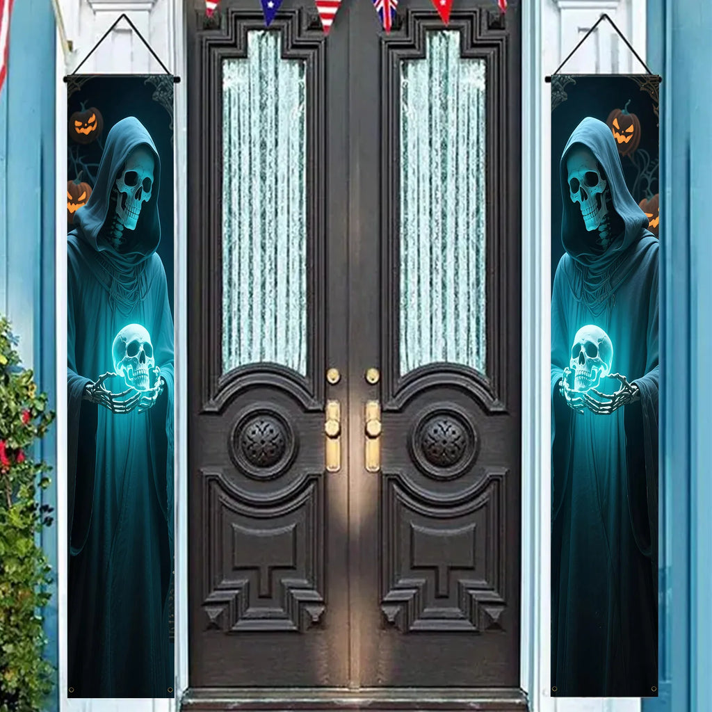 A pair of Halloween decorative banners made of polyester, featuring a skull figure design and door and wall decorations