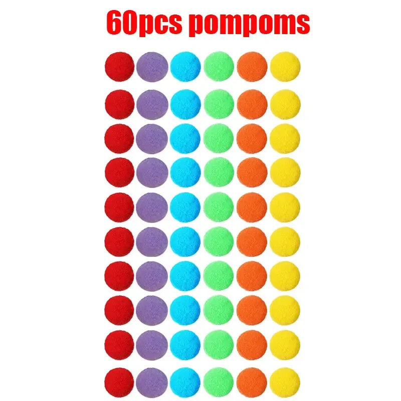 Children Counting and Sorting Toys Pom Poms Rainbow Colors Plastic Bowls Tweezers Fine Motor Skill Children Learning Toys