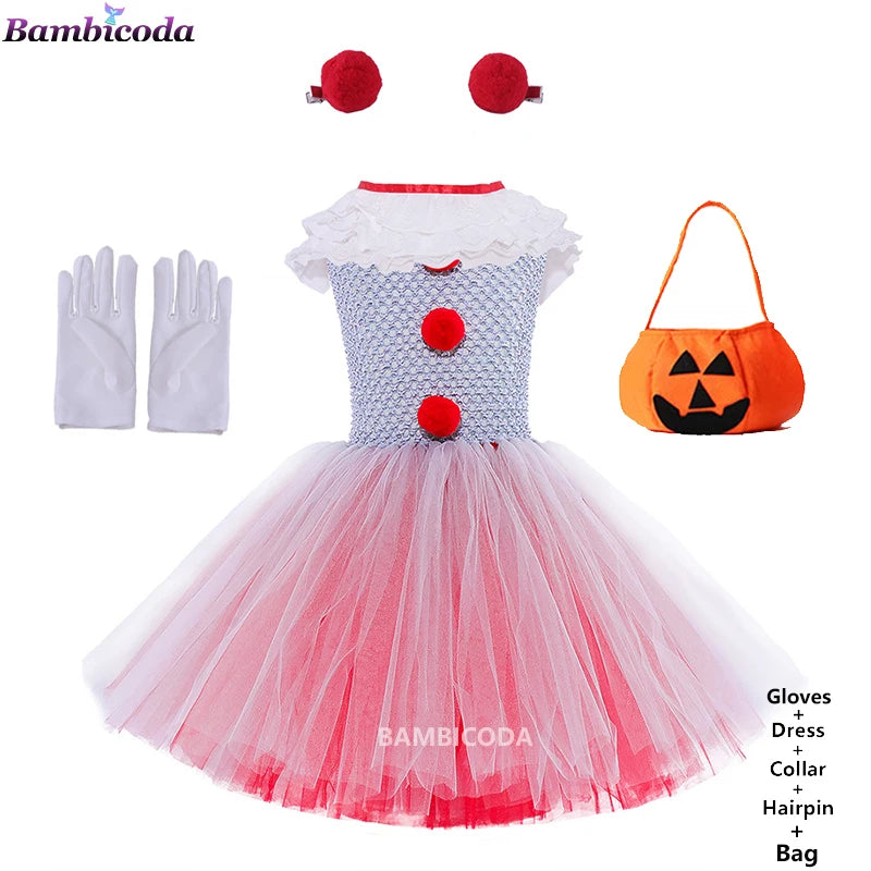 Girls Gray Clown Tutu Dress Halloween Costume