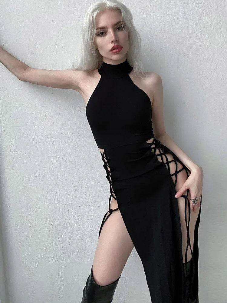 Goth Dark Cosplay High Split Sexy Bandage Women Dresses Y2K Mall Gothic Halter Slim Midi Dress Black Grunge Style Alt Partywear