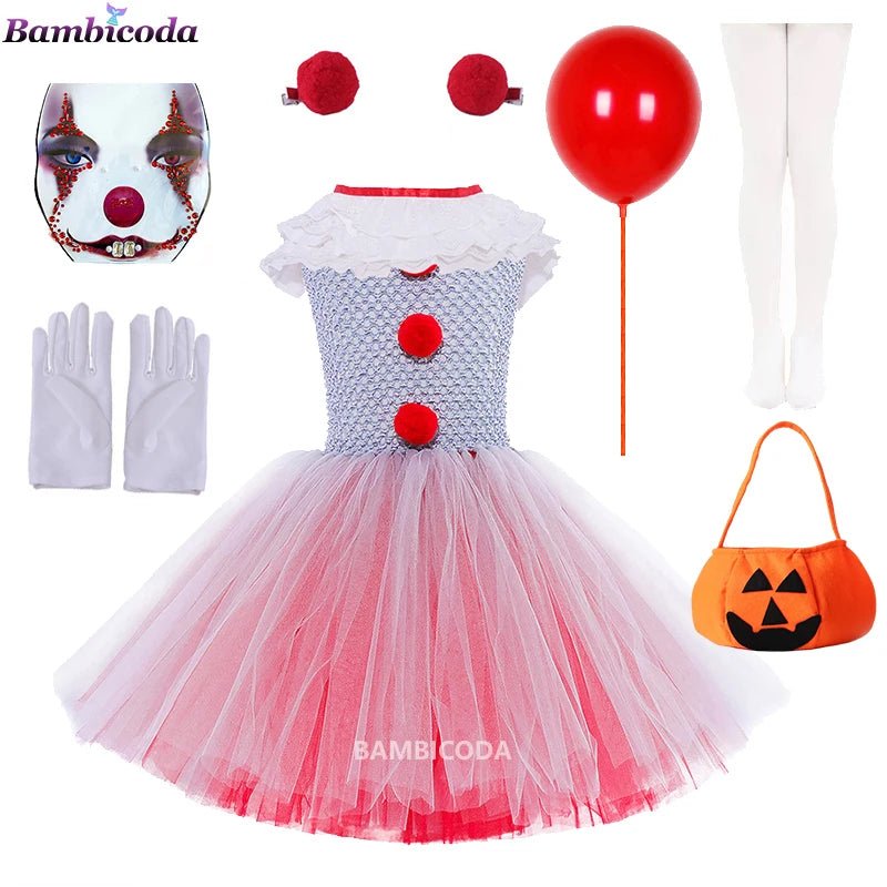 Girls Gray Clown Tutu Dress Halloween Costume